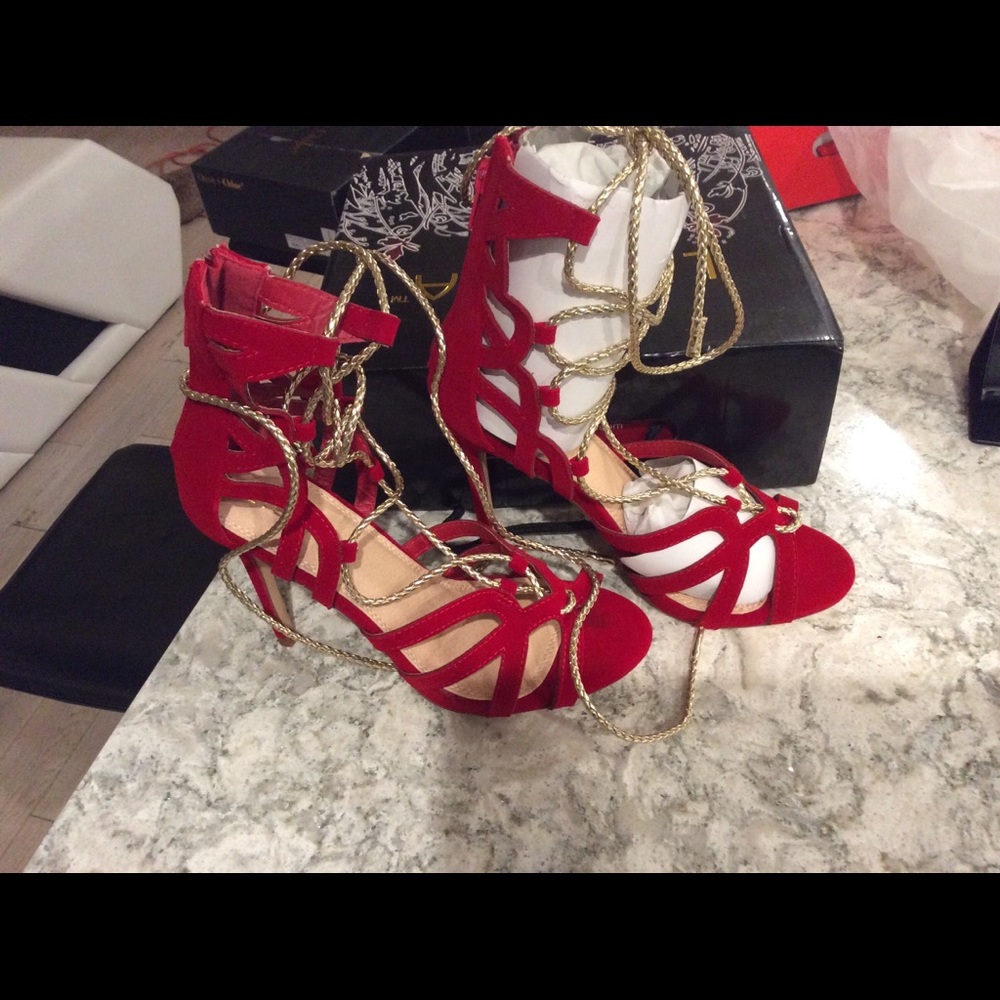 Red & Gold high heel open toe shoes